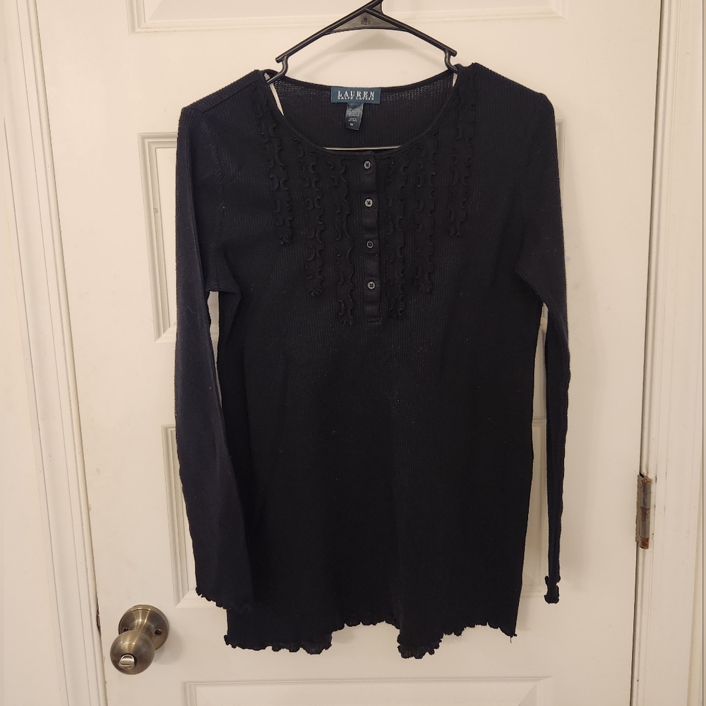 Womens Ralph Lauren Black Long Sleeve Henley‎ Button Shirt Size M #QQ1106
